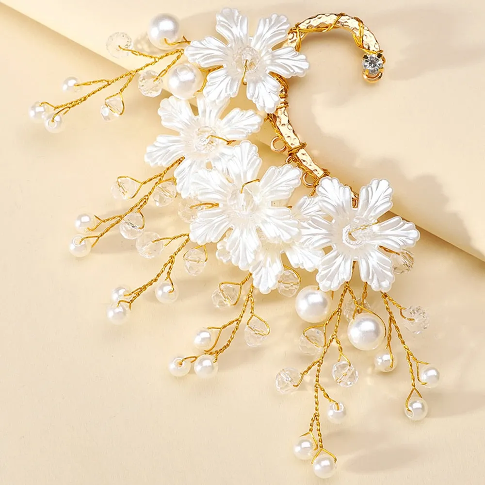 1 PCS Geometric Handmade Metal Flower Simulated Pearl Bridal Sweet Clip Earrings For Women