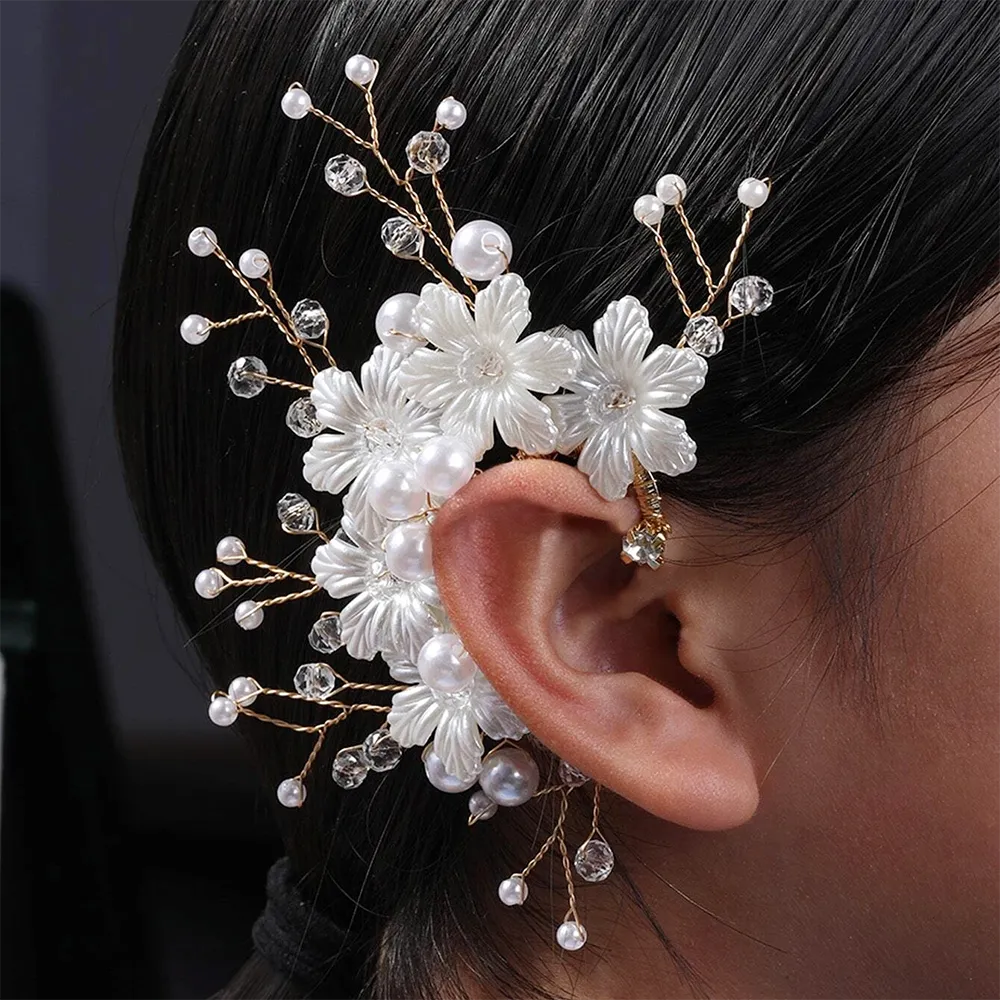 1 PCS Geometric Handmade Metal Flower Simulated Pearl Bridal Sweet Clip Earrings For Women