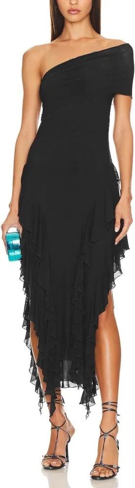 ALENDA DANMOS Womens Sleeveless One Shoulder Halter Straps Maxi Dress Irregular Mesh Ruffles Hem Cocktail Party Dress 369
