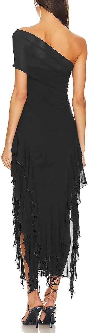 ALENDA DANMOS Womens Sleeveless One Shoulder Halter Straps Maxi Dress Irregular Mesh Ruffles Hem Cocktail Party Dress 369