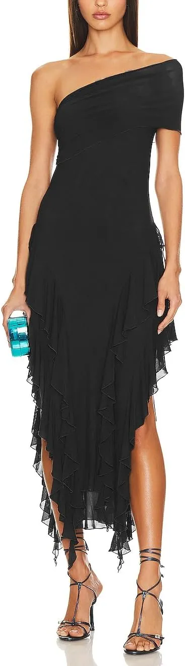 ALENDA DANMOS Womens Sleeveless One Shoulder Halter Straps Maxi Dress Irregular Mesh Ruffles Hem Cocktail Party Dress 369
