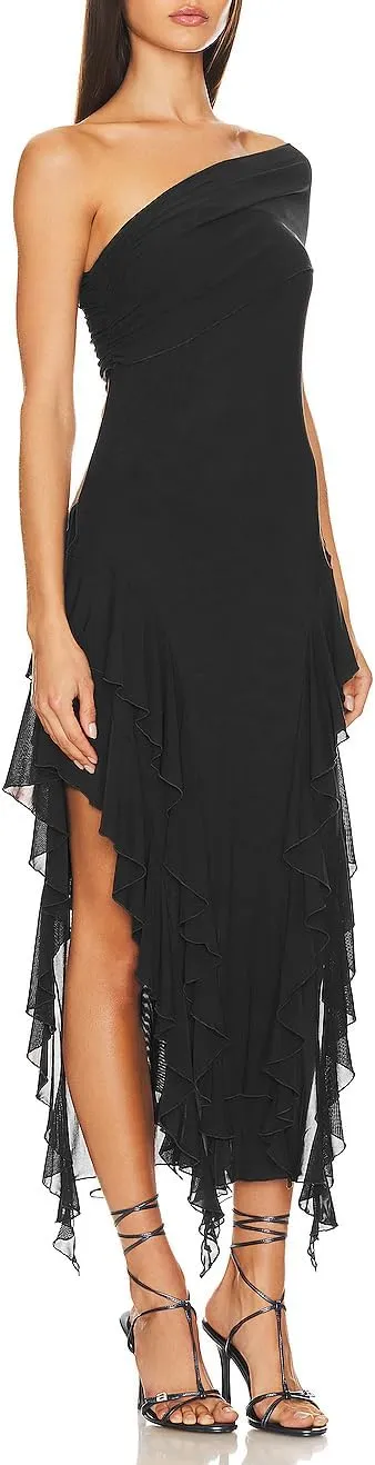 ALENDA DANMOS Womens Sleeveless One Shoulder Halter Straps Maxi Dress Irregular Mesh Ruffles Hem Cocktail Party Dress 369