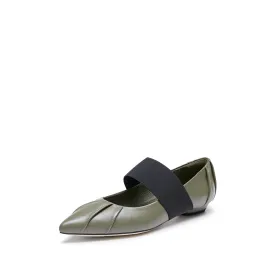 Army Pleated Leather Pointed Ballerina Flats