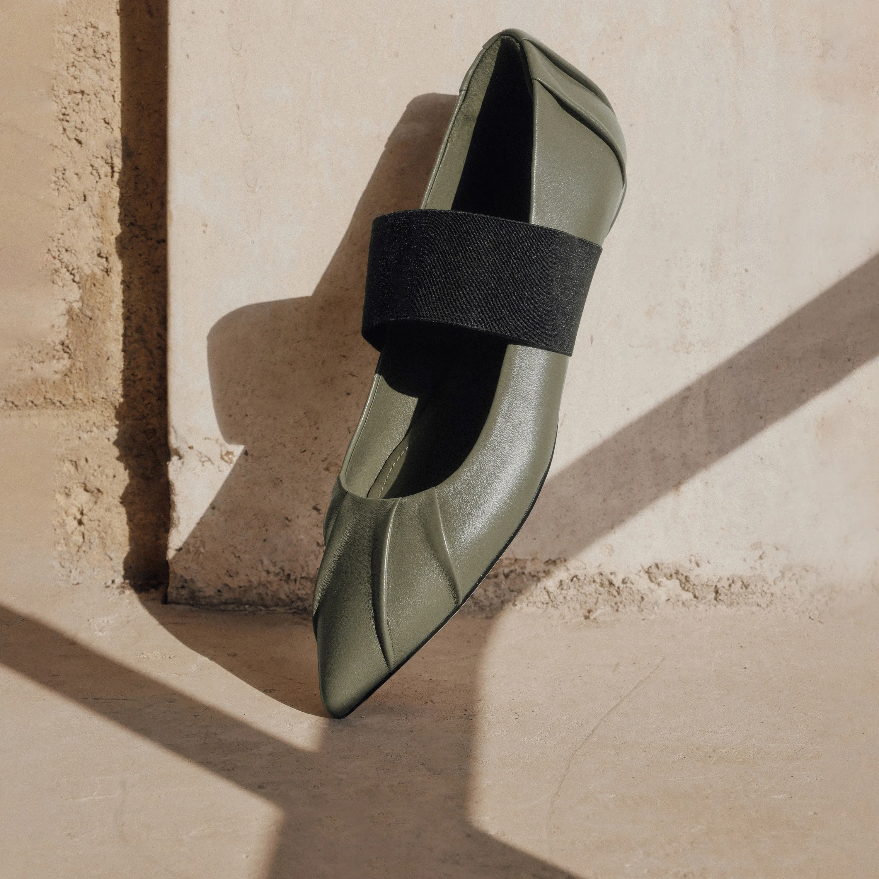 Army Pleated Leather Pointed Ballerina Flats