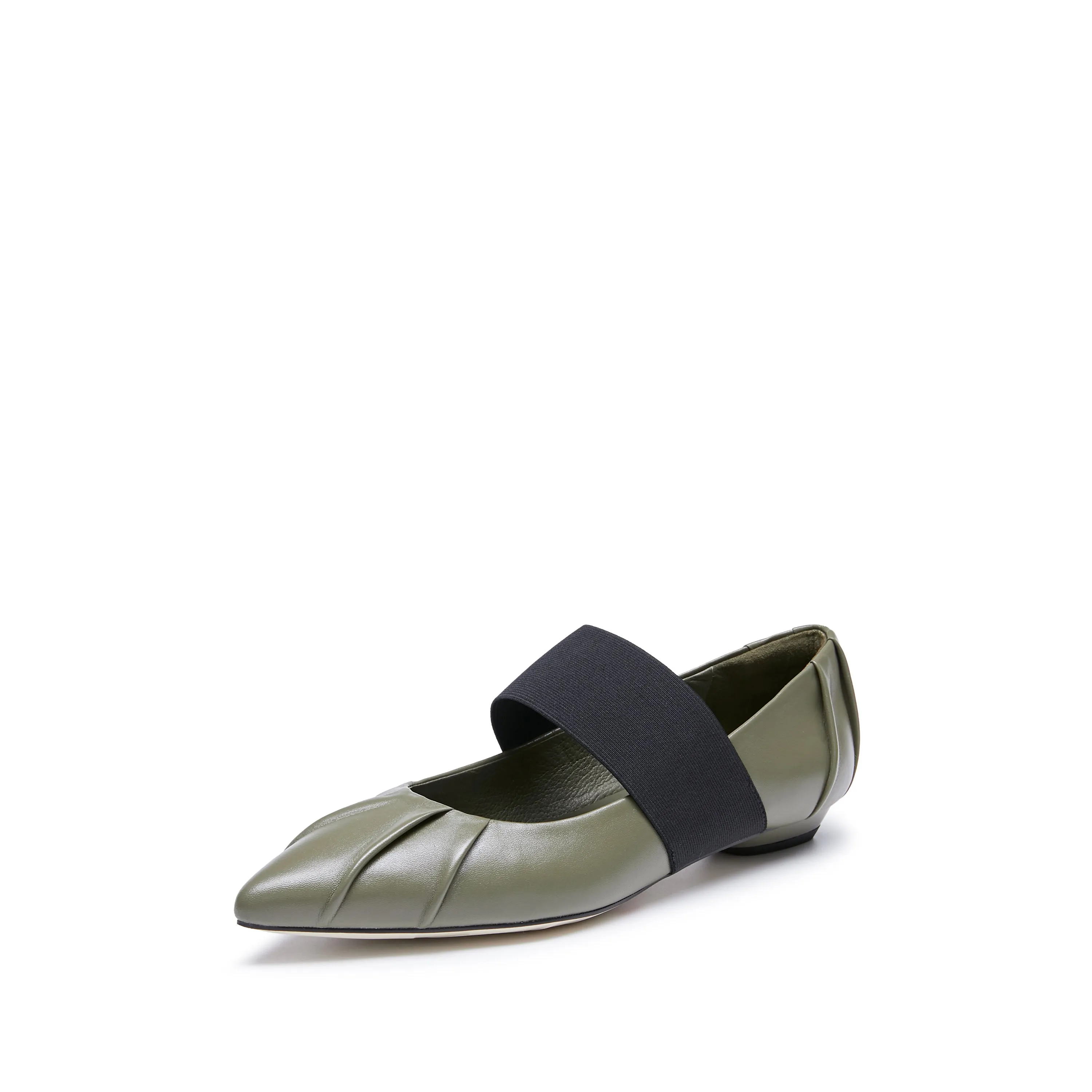 Army Pleated Leather Pointed Ballerina Flats