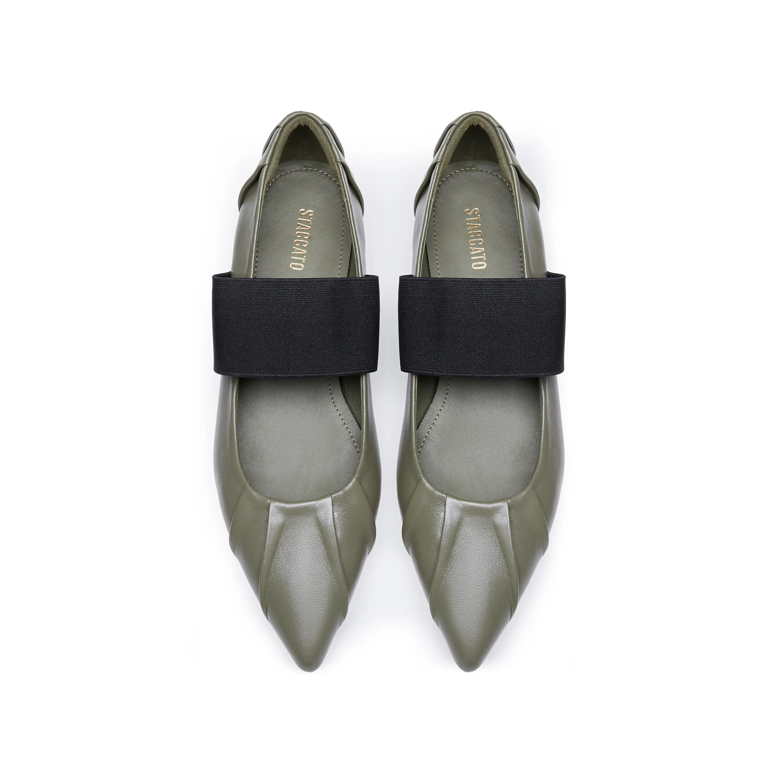 Army Pleated Leather Pointed Ballerina Flats