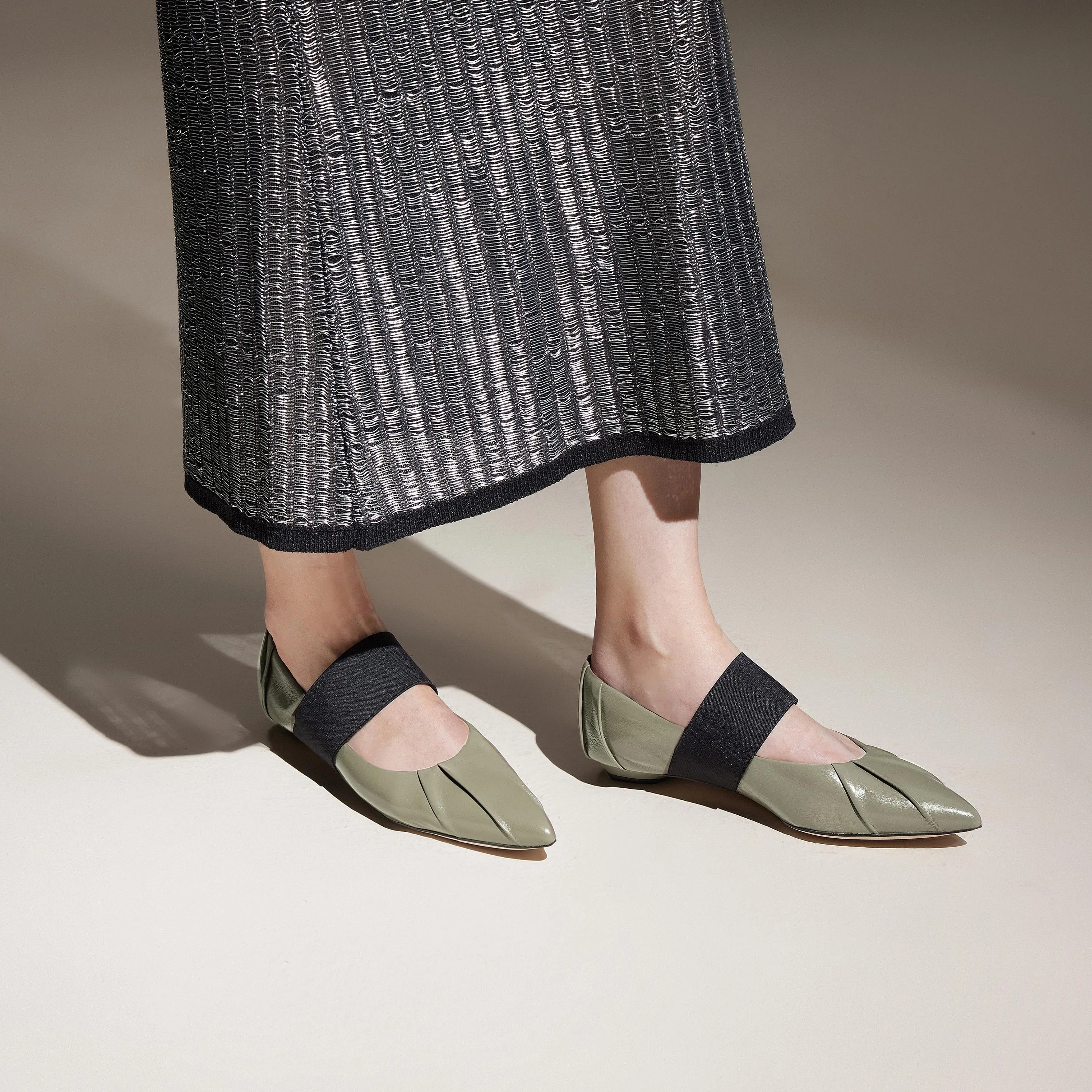 Army Pleated Leather Pointed Ballerina Flats