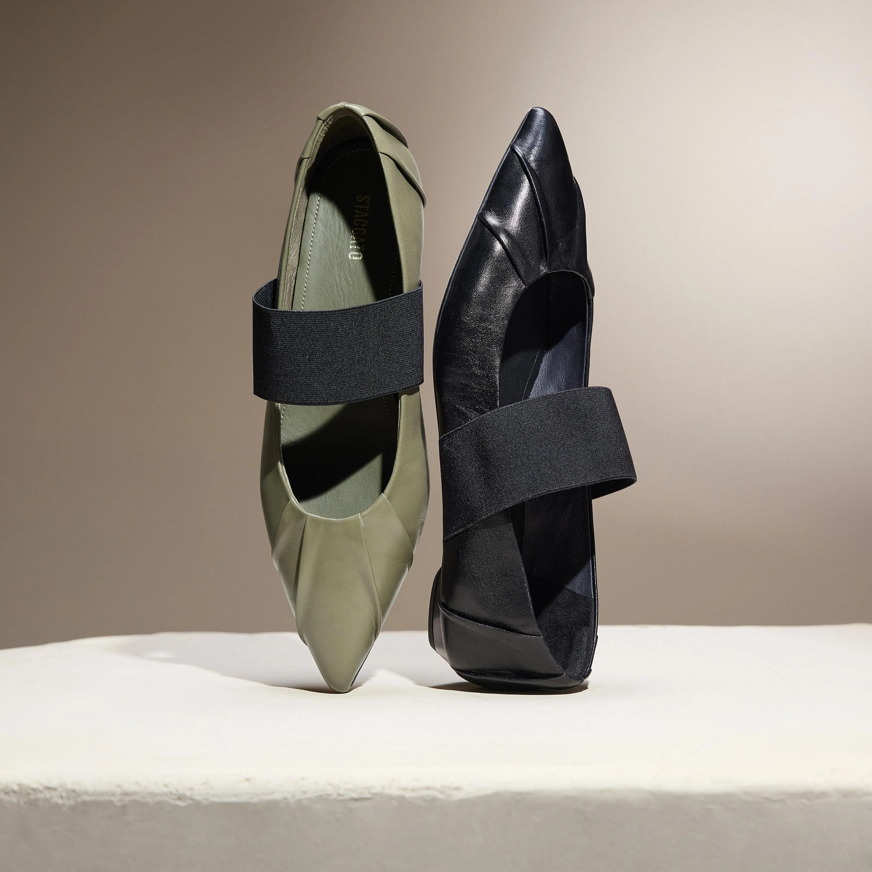Army Pleated Leather Pointed Ballerina Flats
