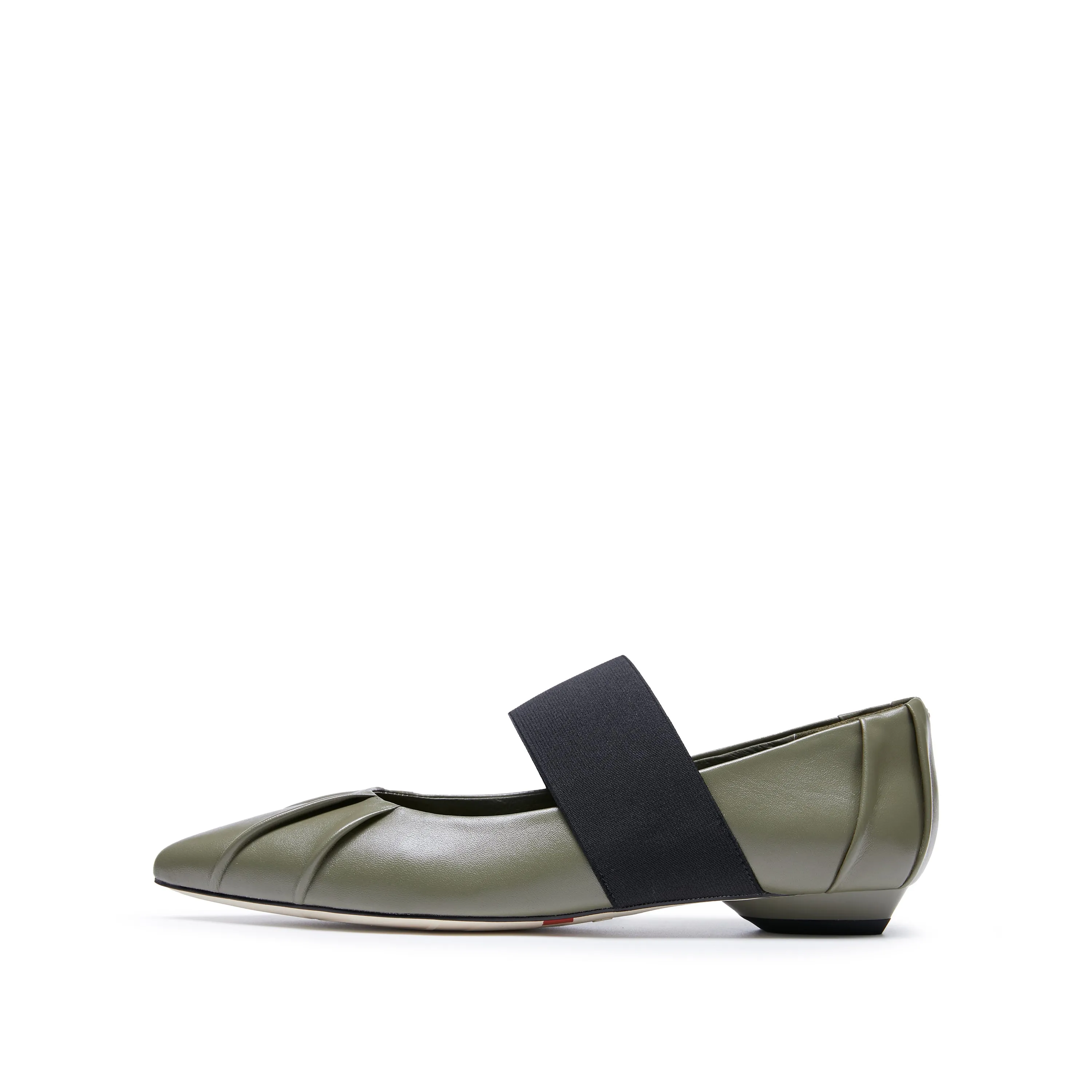 Army Pleated Leather Pointed Ballerina Flats
