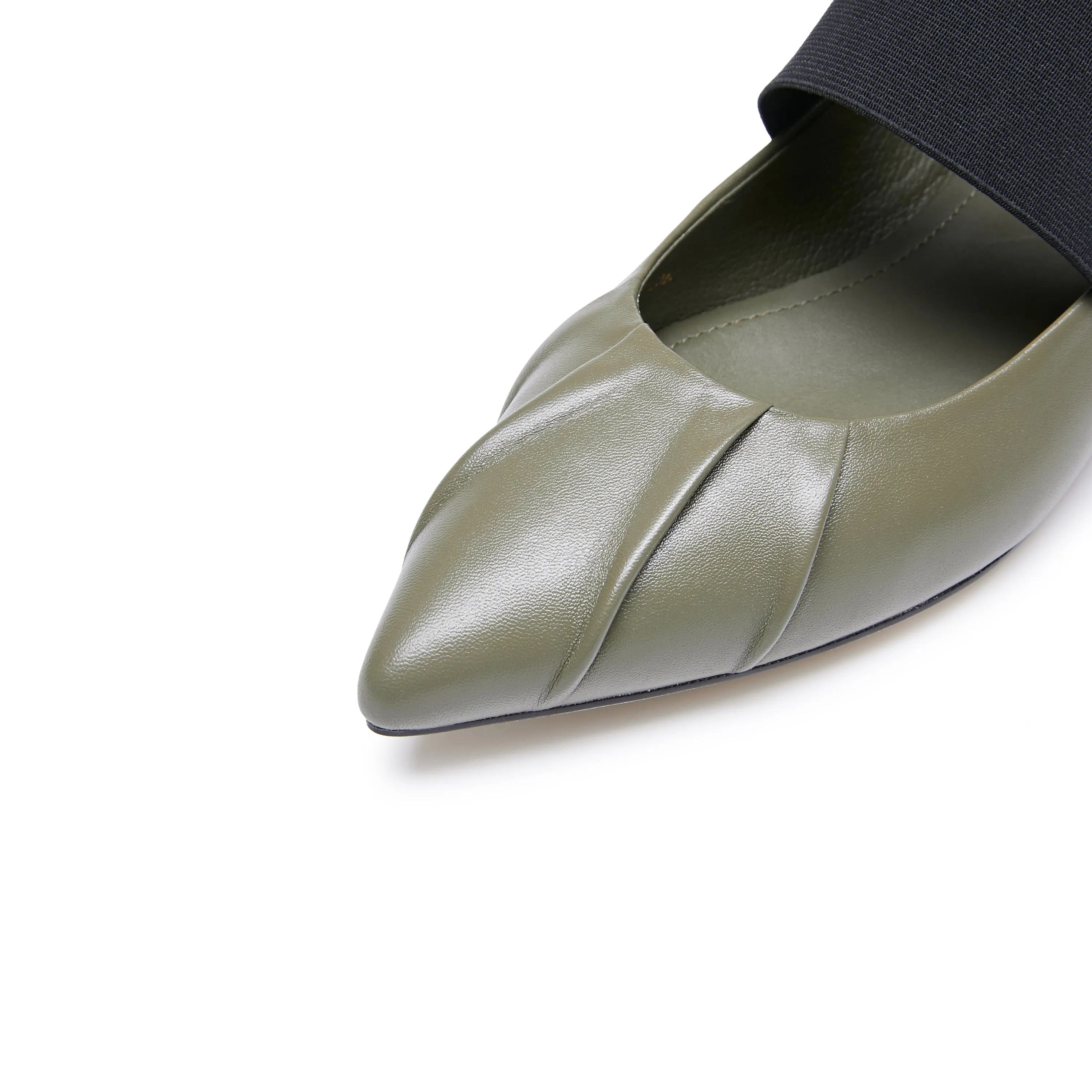 Army Pleated Leather Pointed Ballerina Flats