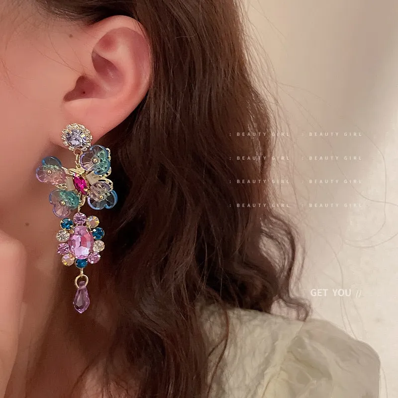 Asymmetric Crystal Circle Flower Earrings Colorful Retro Design Daily Wear Earrings Women