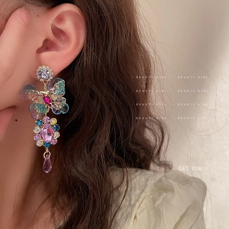 Asymmetric Crystal Circle Flower Earrings Colorful Retro Design Daily Wear Earrings Women