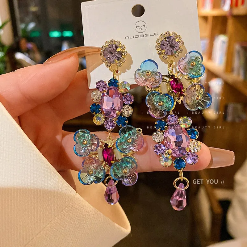 Asymmetric Crystal Circle Flower Earrings Colorful Retro Design Daily Wear Earrings Women