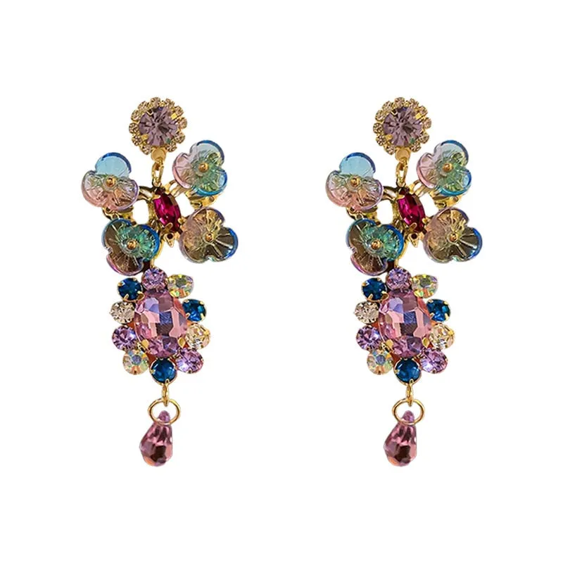 Asymmetric Crystal Circle Flower Earrings Colorful Retro Design Daily Wear Earrings Women