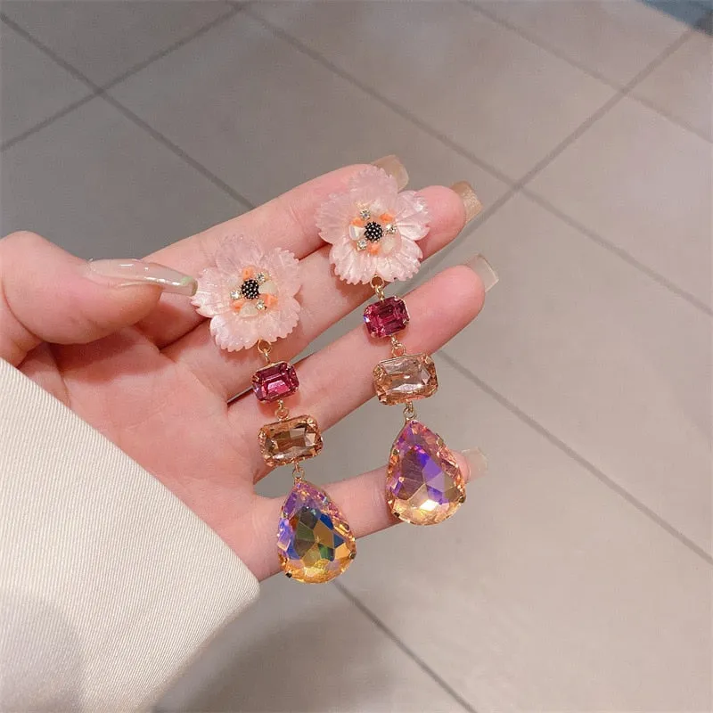 Beautiful Shell Flower Pink Blue Crystal Water Drop Dangle Earrings For Women