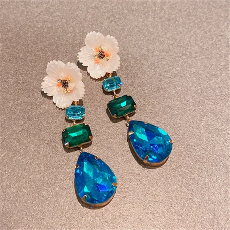 Beautiful Shell Flower Pink Blue Crystal Water Drop Dangle Earrings For Women