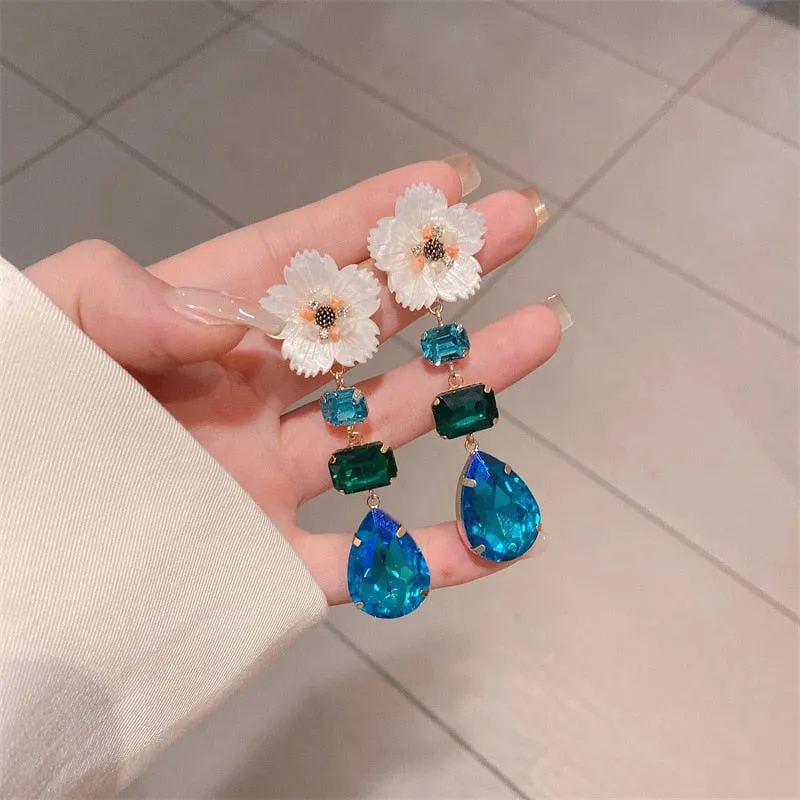Beautiful Shell Flower Pink Blue Crystal Water Drop Dangle Earrings For Women