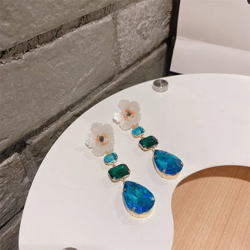 Beautiful Shell Flower Pink Blue Crystal Water Drop Dangle Earrings For Women
