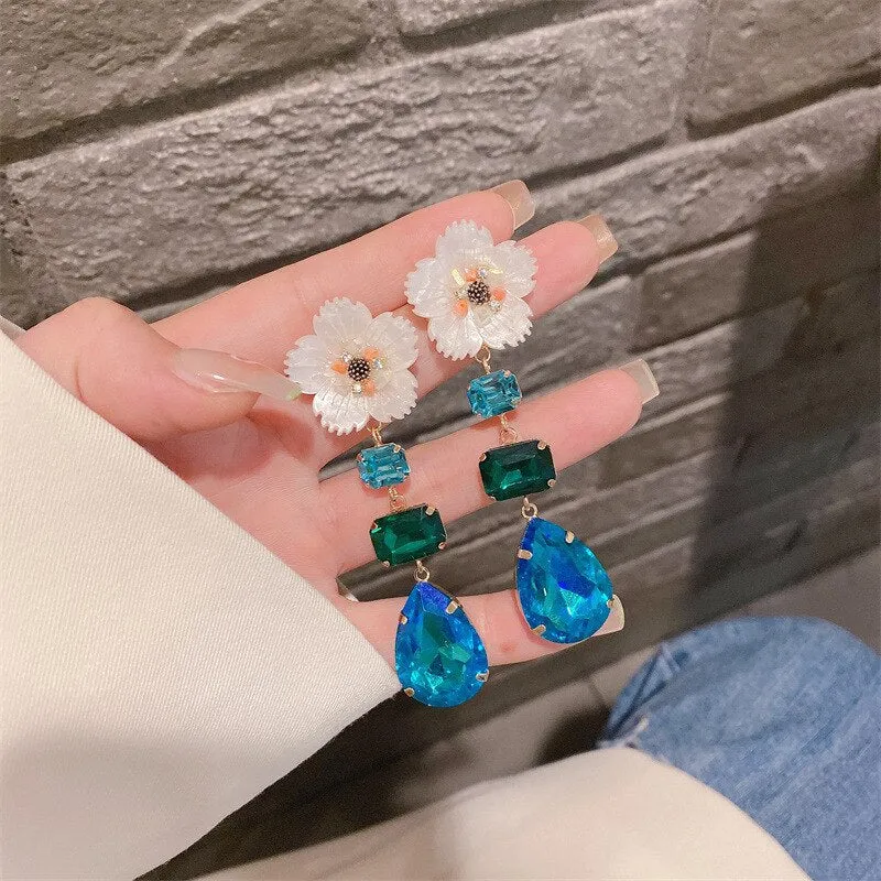 Beautiful Shell Flower Pink Blue Crystal Water Drop Dangle Earrings For Women