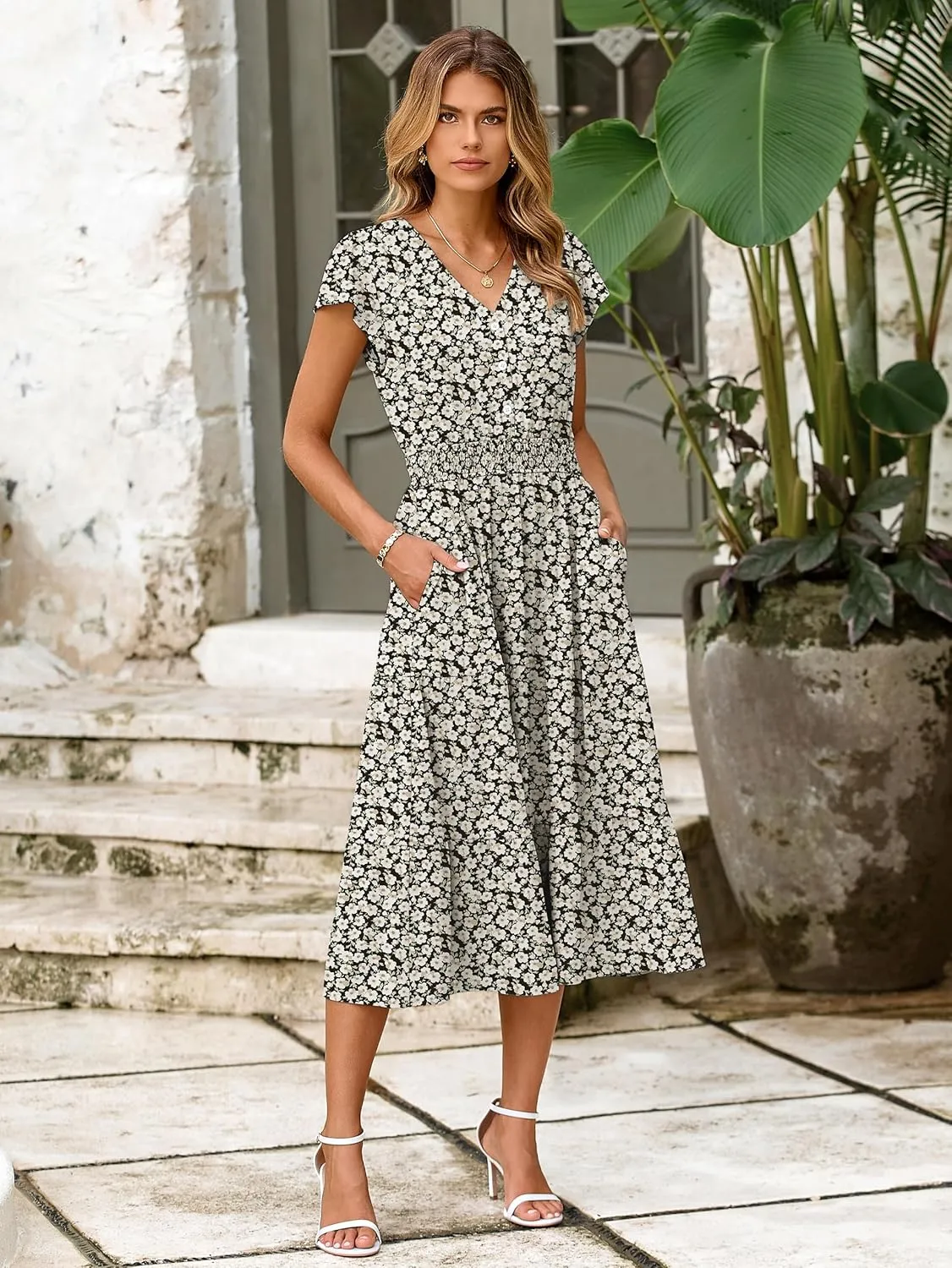 BerryGo Women's Floral Boho Ruffle Summer Midi Dress Short Sleeve V Neck Empire Waist Swing Flowy Dress