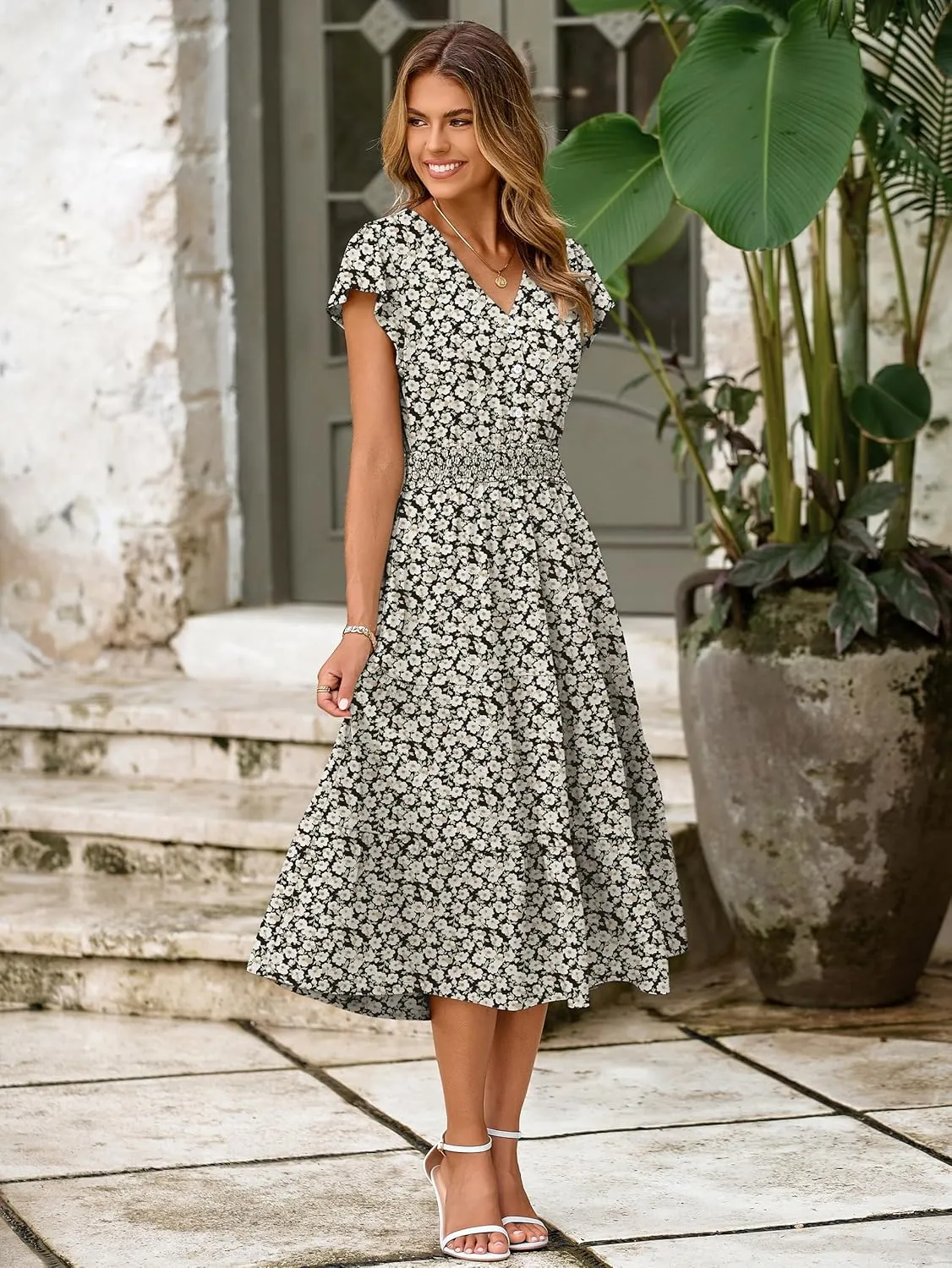 BerryGo Women's Floral Boho Ruffle Summer Midi Dress Short Sleeve V Neck Empire Waist Swing Flowy Dress