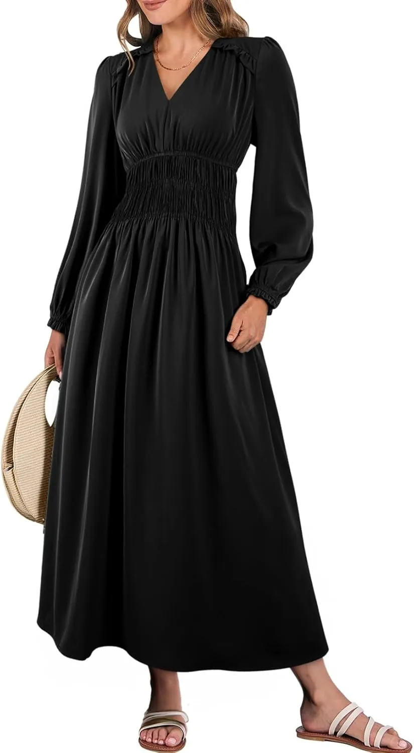 BLENCOT Womens Casual Boho Deep V Neck Short Sleeve Long Dress
