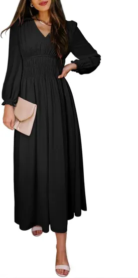 BLENCOT Womens Casual Boho Deep V Neck Short Sleeve Long Dress