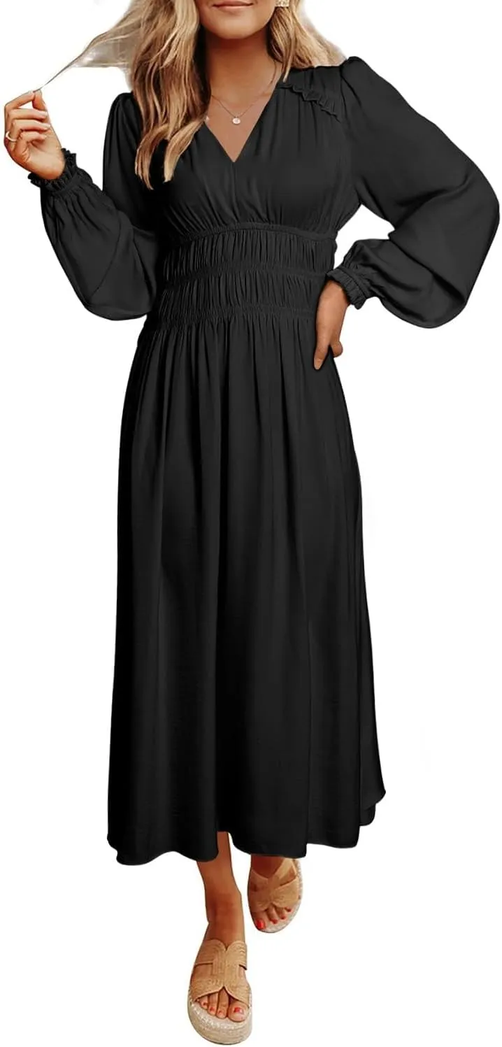 BLENCOT Womens Casual Boho Deep V Neck Short Sleeve Long Dress
