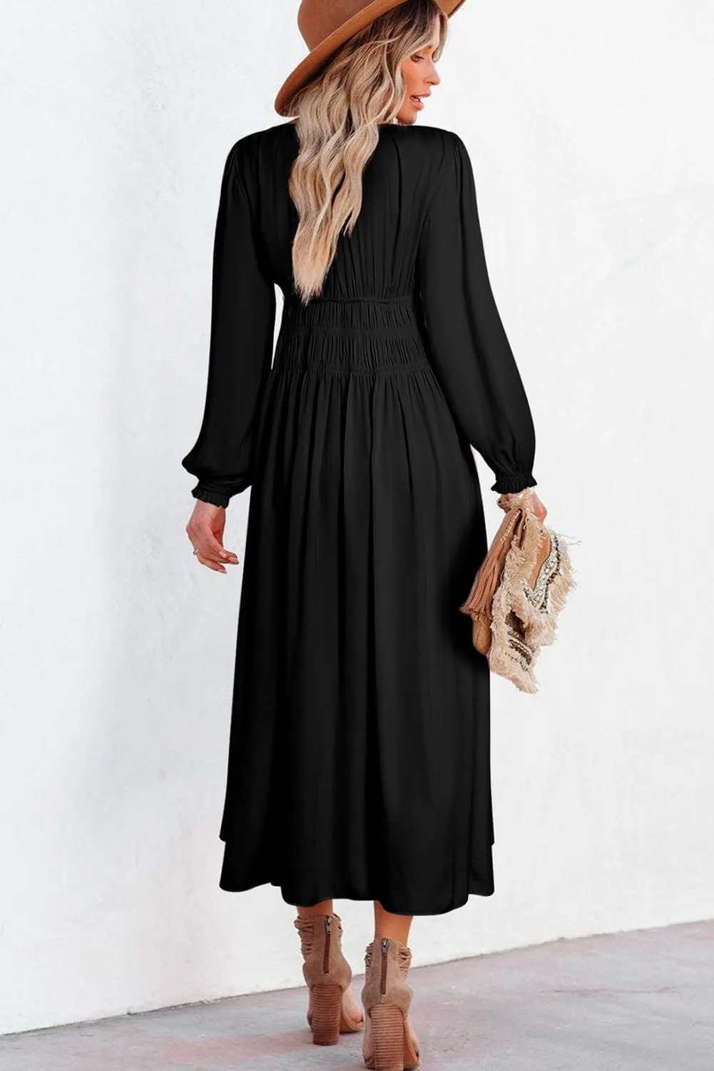 BLENCOT Womens Casual Boho Deep V Neck Short Sleeve Long Dress