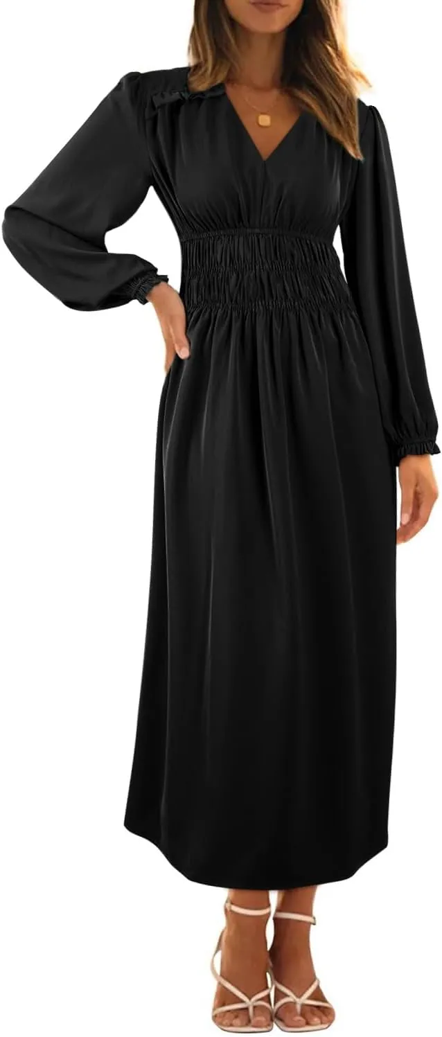 BLENCOT Womens Casual Boho Deep V Neck Short Sleeve Long Dress