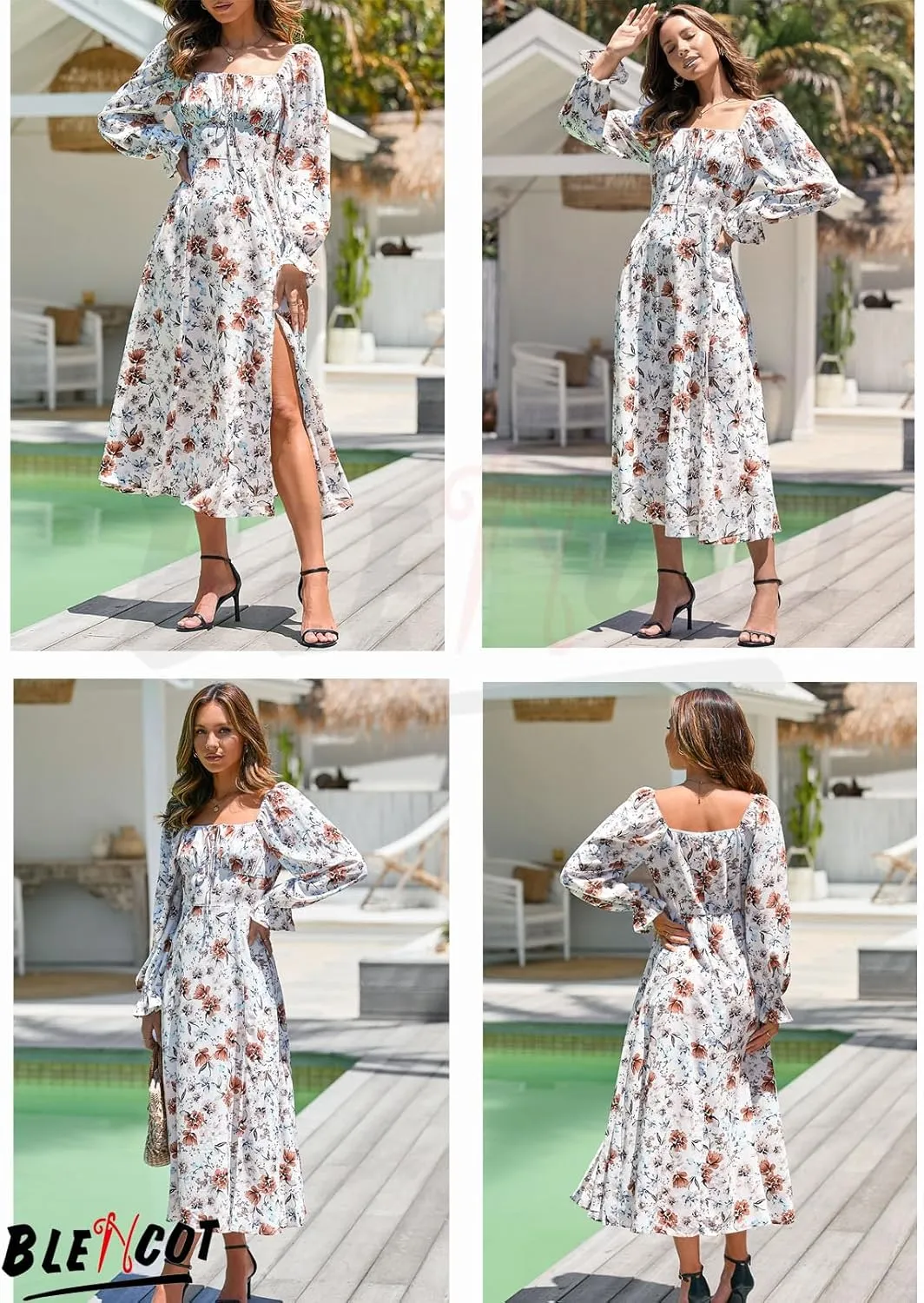 BLENCOT Womens Casual Square Neck Long Sleeve Boho Floral Midi Dress Print Side Split Dresses