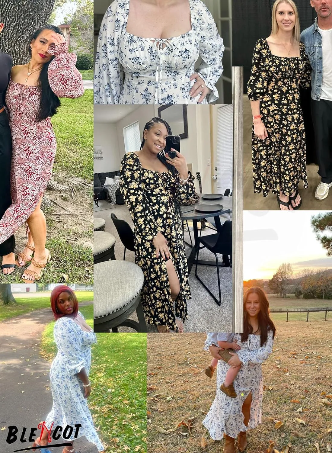 BLENCOT Womens Casual Square Neck Long Sleeve Boho Floral Midi Dress Print Side Split Dresses
