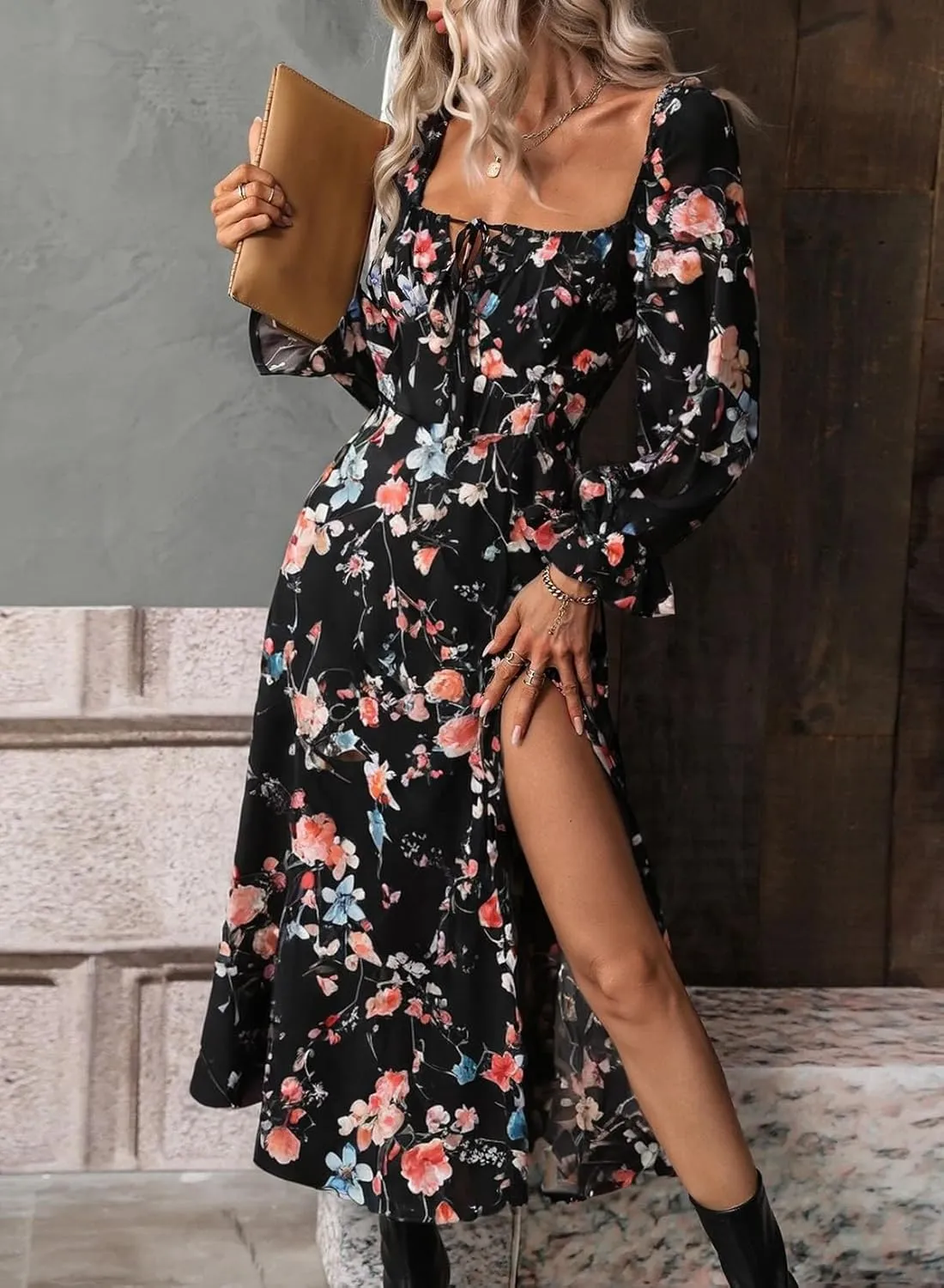 BLENCOT Womens Casual Square Neck Long Sleeve Boho Floral Midi Dress Print Side Split Dresses