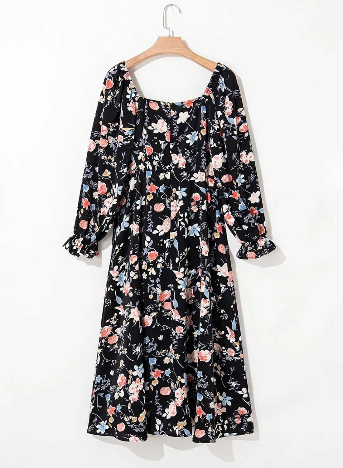 BLENCOT Womens Casual Square Neck Long Sleeve Boho Floral Midi Dress Print Side Split Dresses