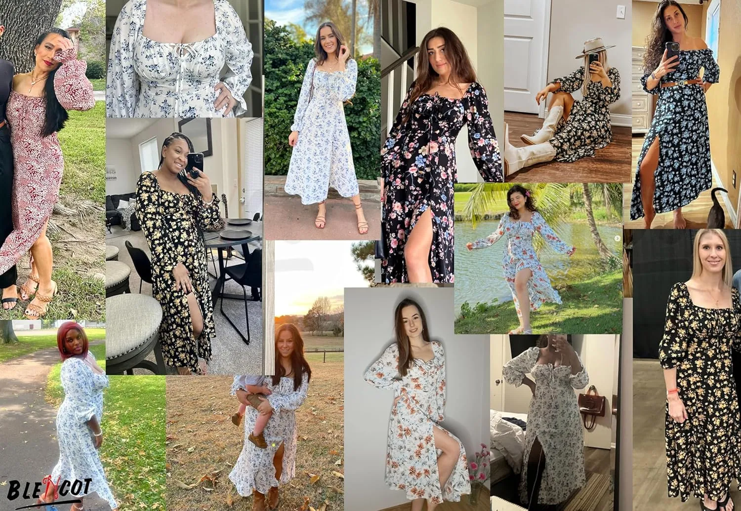 BLENCOT Womens Casual Square Neck Long Sleeve Boho Floral Midi Dress Print Side Split Dresses