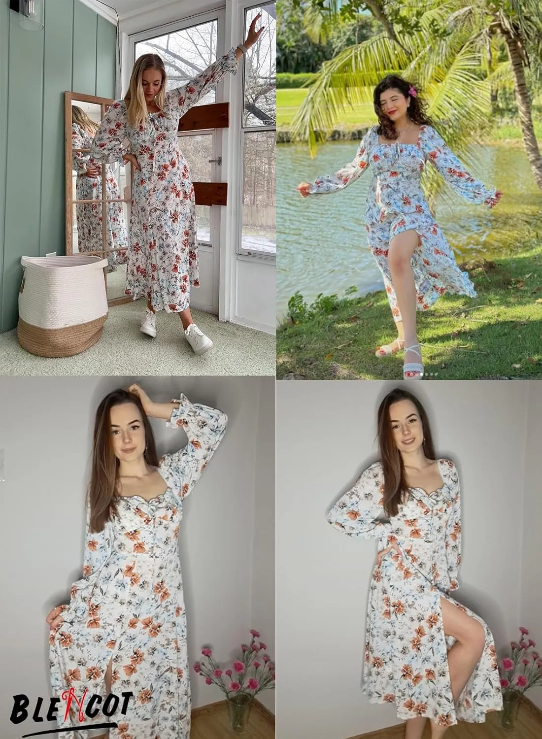 BLENCOT Womens Casual Square Neck Long Sleeve Boho Floral Midi Dress Print Side Split Dresses