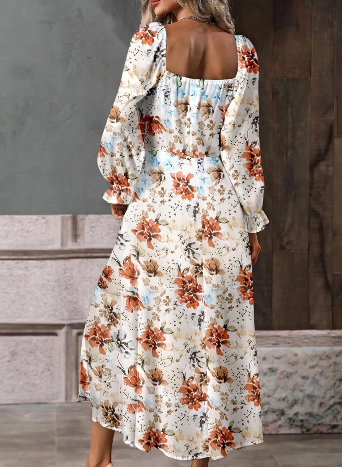 BLENCOT Womens Casual Square Neck Long Sleeve Boho Floral Midi Dress Print Side Split Dresses