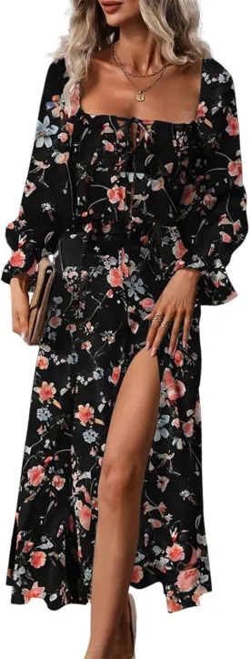 BLENCOT Womens Casual Square Neck Long Sleeve Boho Floral Midi Dress Print Side Split Dresses