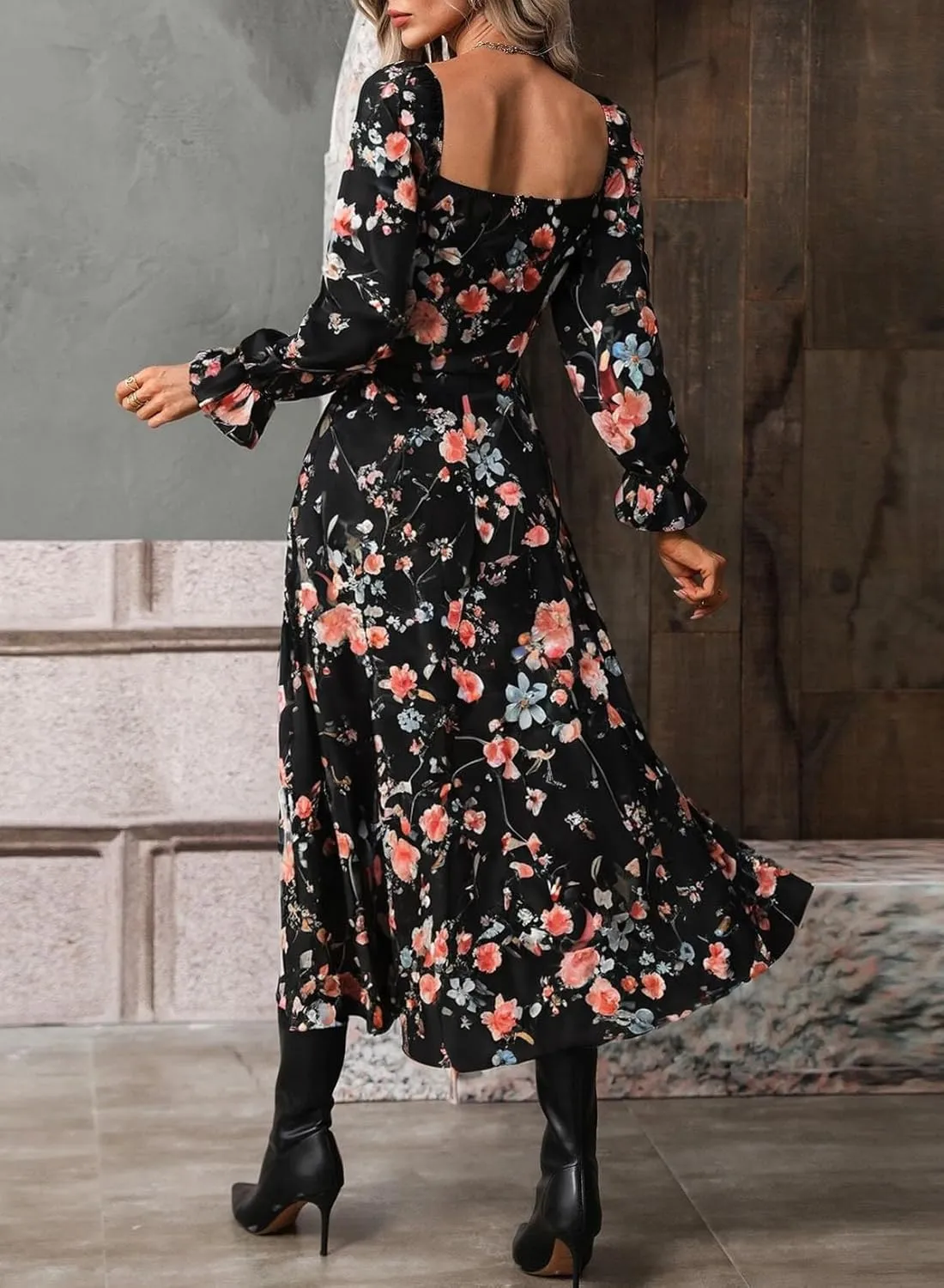 BLENCOT Womens Casual Square Neck Long Sleeve Boho Floral Midi Dress Print Side Split Dresses