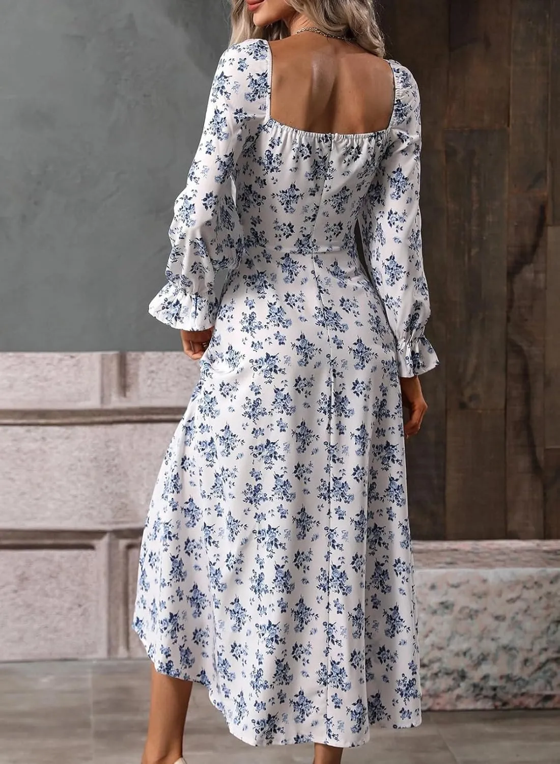 BLENCOT Womens Casual Square Neck Long Sleeve Boho Floral Midi Dress Print Side Split Dresses