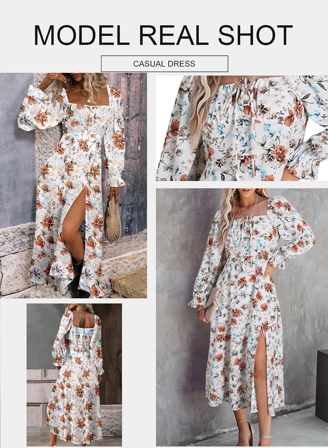 BLENCOT Womens Casual Square Neck Long Sleeve Boho Floral Midi Dress Print Side Split Dresses