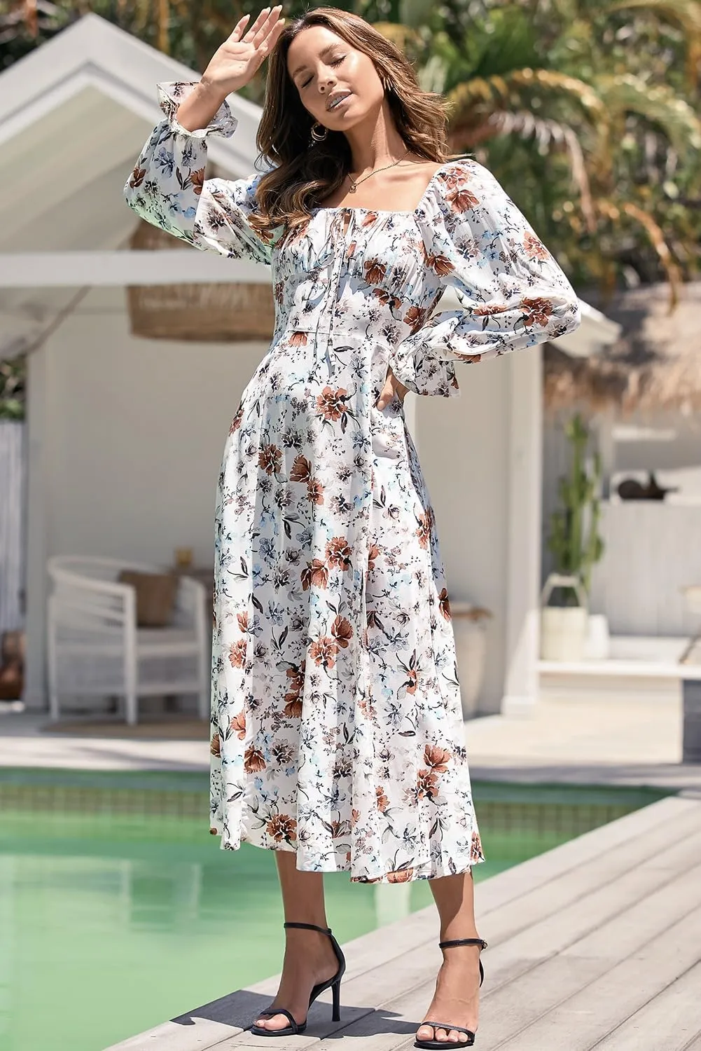 BLENCOT Womens Casual Square Neck Long Sleeve Boho Floral Midi Dress Print Side Split Dresses