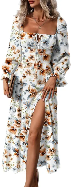 BLENCOT Womens Casual Square Neck Long Sleeve Boho Floral Midi Dress Print Side Split Dresses