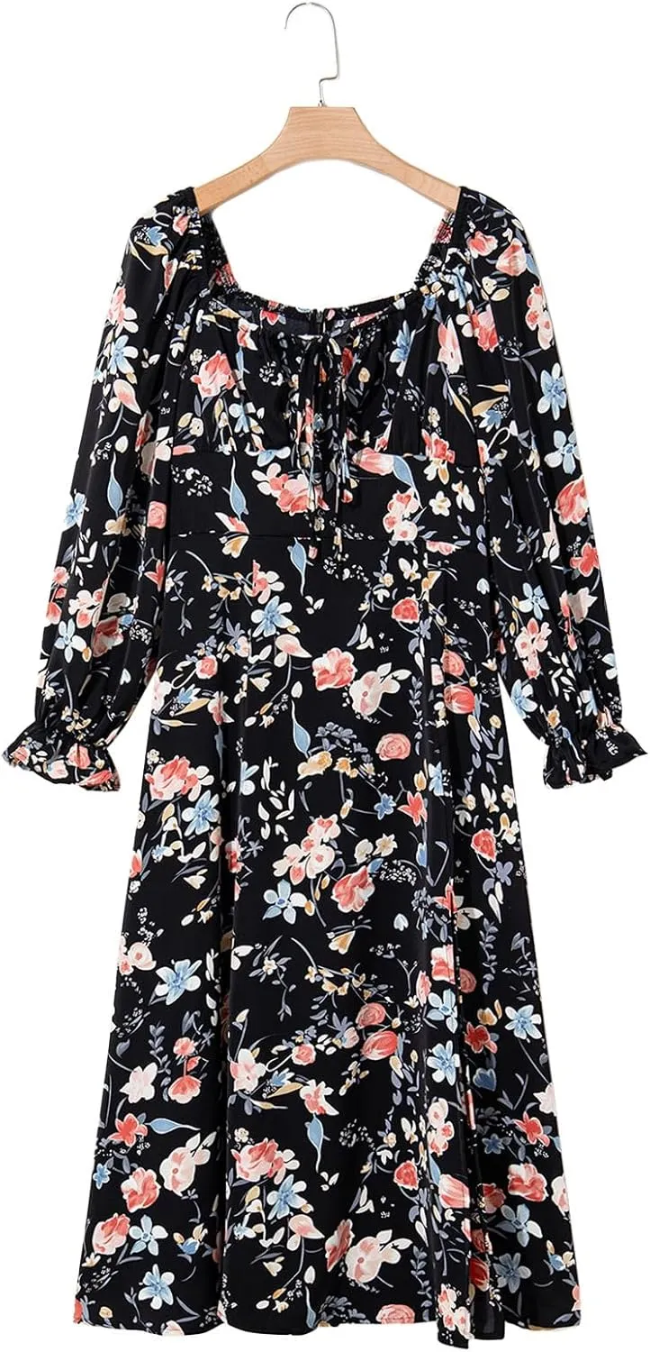 BLENCOT Womens Casual Square Neck Long Sleeve Boho Floral Midi Dress Print Side Split Dresses