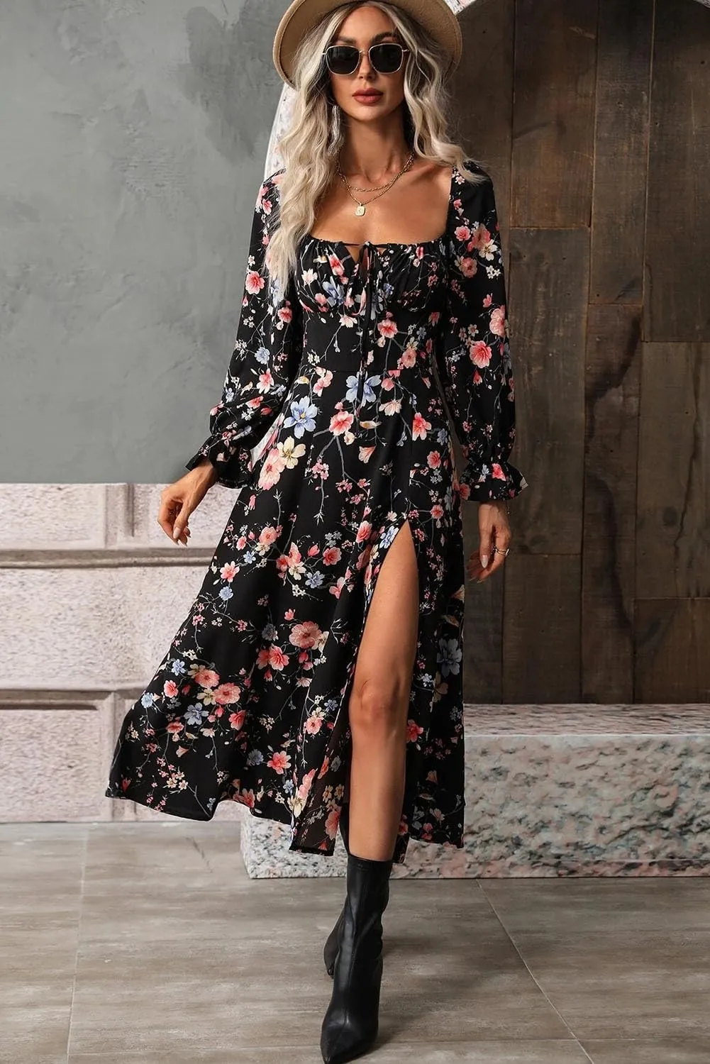 BLENCOT Womens Casual Square Neck Long Sleeve Boho Floral Midi Dress Print Side Split Dresses