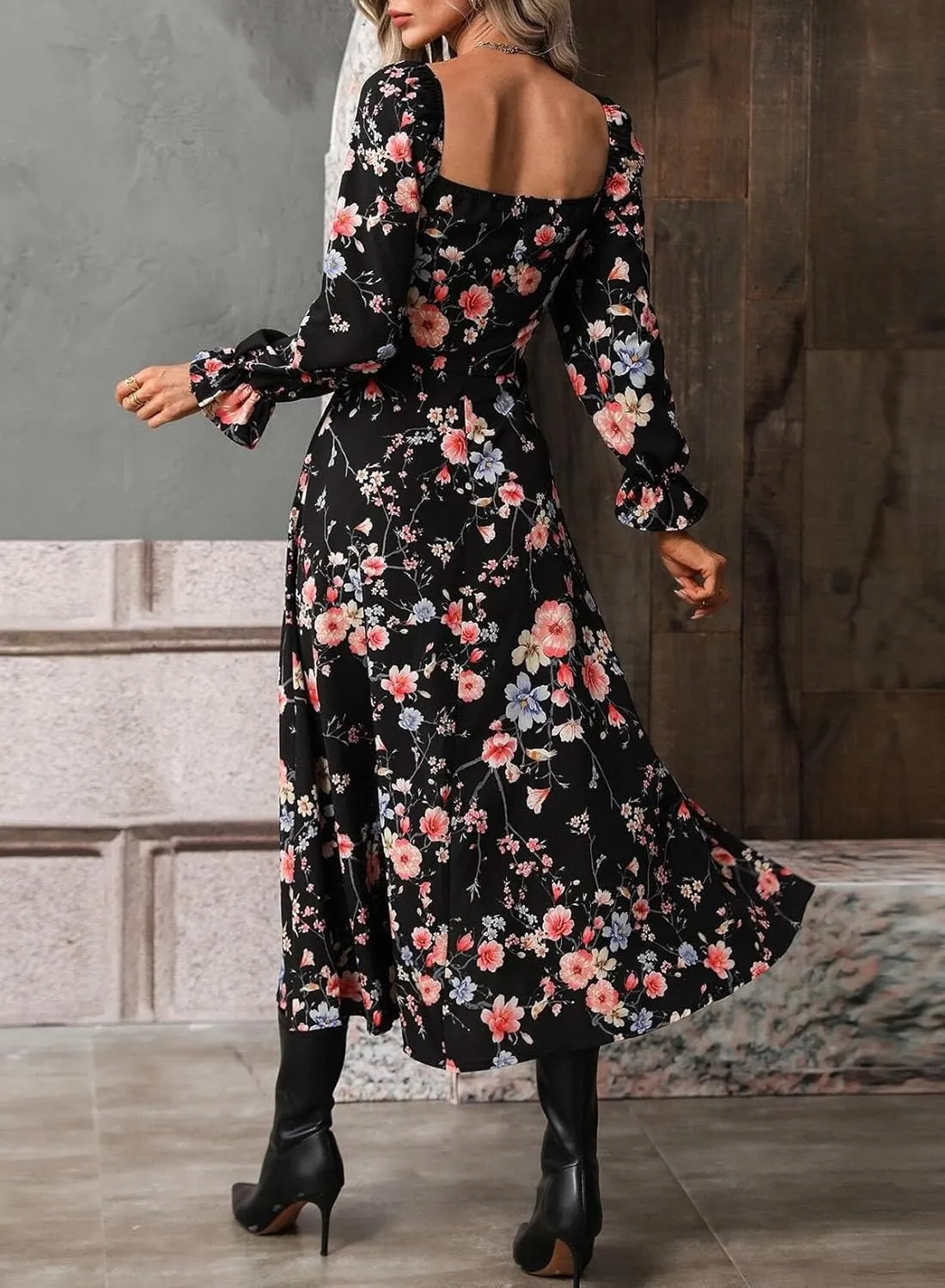 BLENCOT Womens Casual Square Neck Long Sleeve Boho Floral Midi Dress Print Side Split Dresses