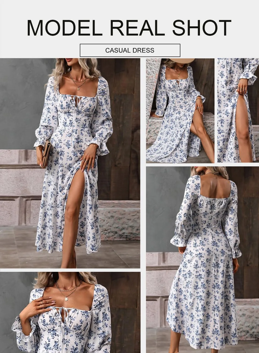 BLENCOT Womens Casual Square Neck Long Sleeve Boho Floral Midi Dress Print Side Split Dresses