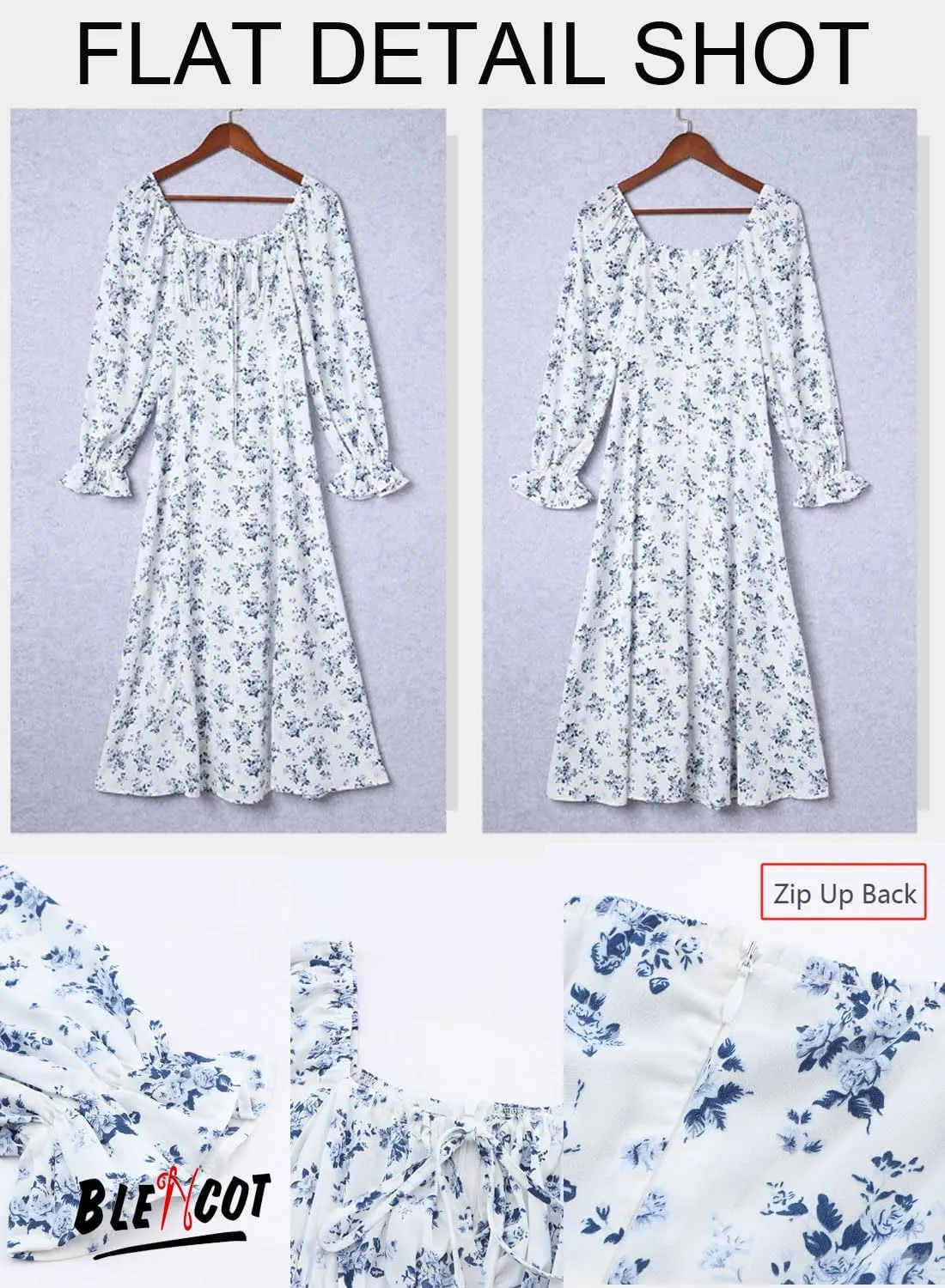 BLENCOT Womens Casual Square Neck Long Sleeve Boho Floral Midi Dress Print Side Split Dresses