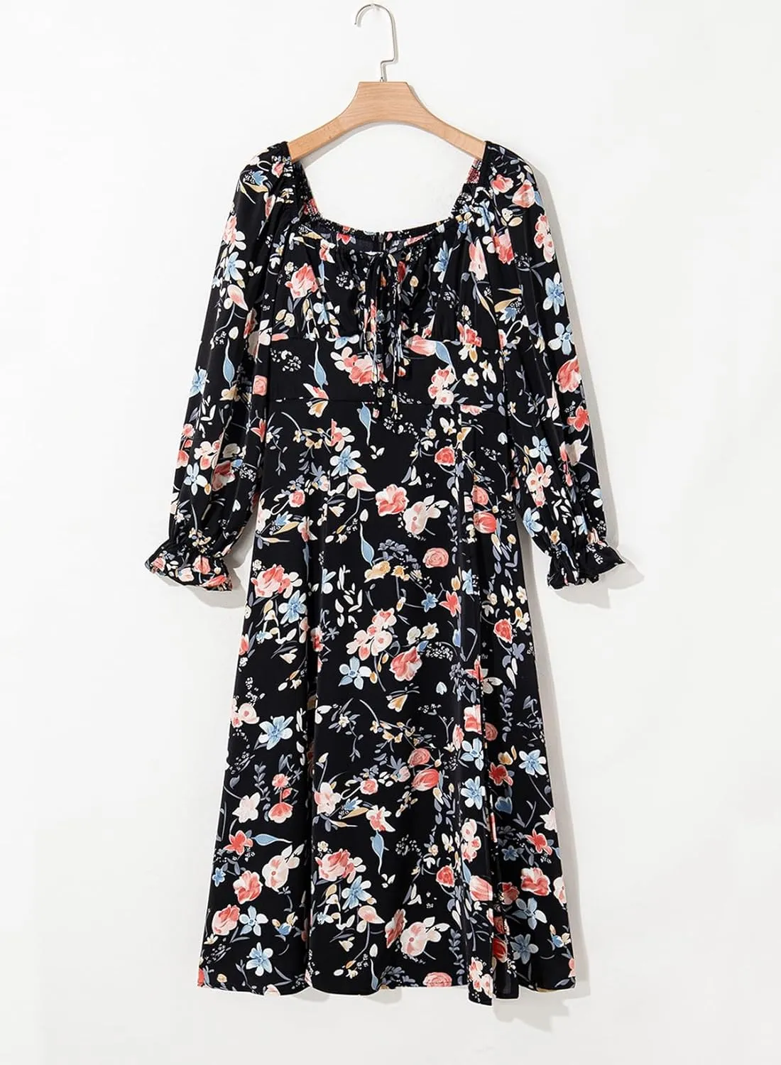 BLENCOT Womens Casual Square Neck Long Sleeve Boho Floral Midi Dress Print Side Split Dresses