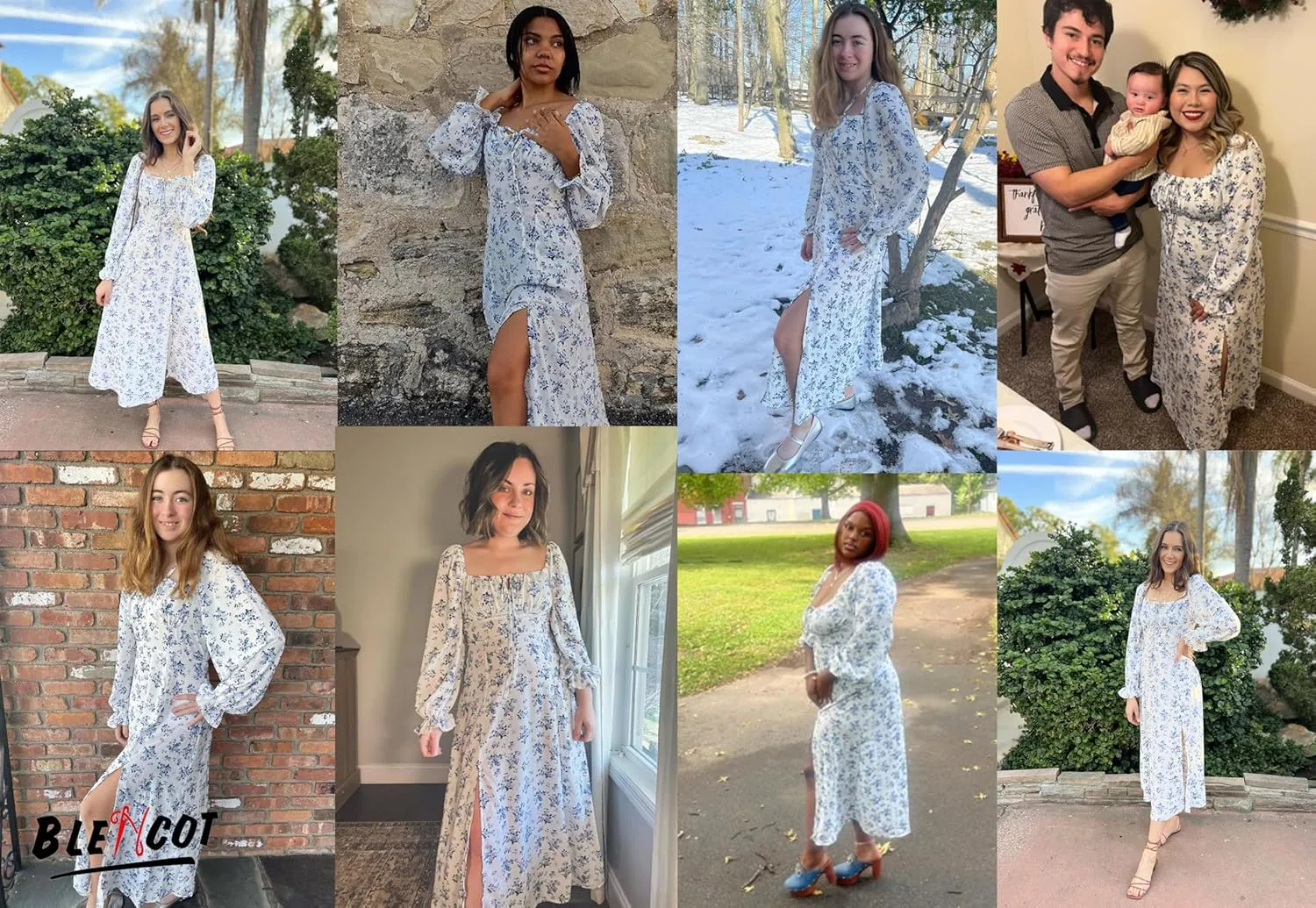 BLENCOT Womens Casual Square Neck Long Sleeve Boho Floral Midi Dress Print Side Split Dresses